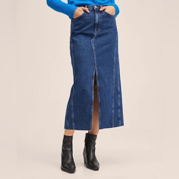 Mango Midi Denim Skirt Slit Front New - Picture 4 of 6